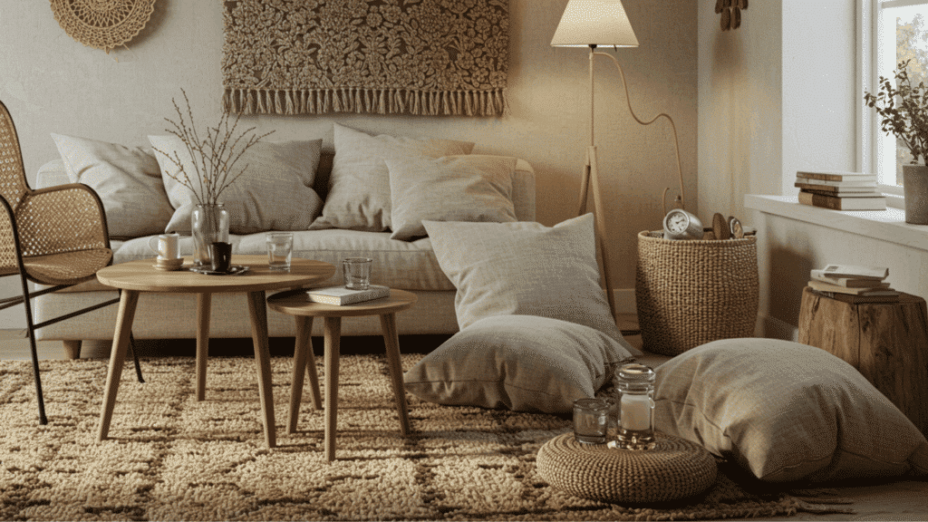 cozy boho living room with neutral sofa, floor cushions, wooden tables, woven decor, soft lighting, and textured rug near window