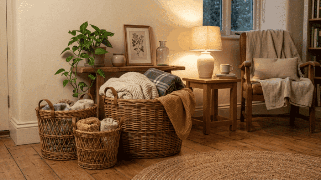 cozy corner with wicker baskets blankets books wooden floor and warm lighting creating a practical and comfortable storage solution (1)