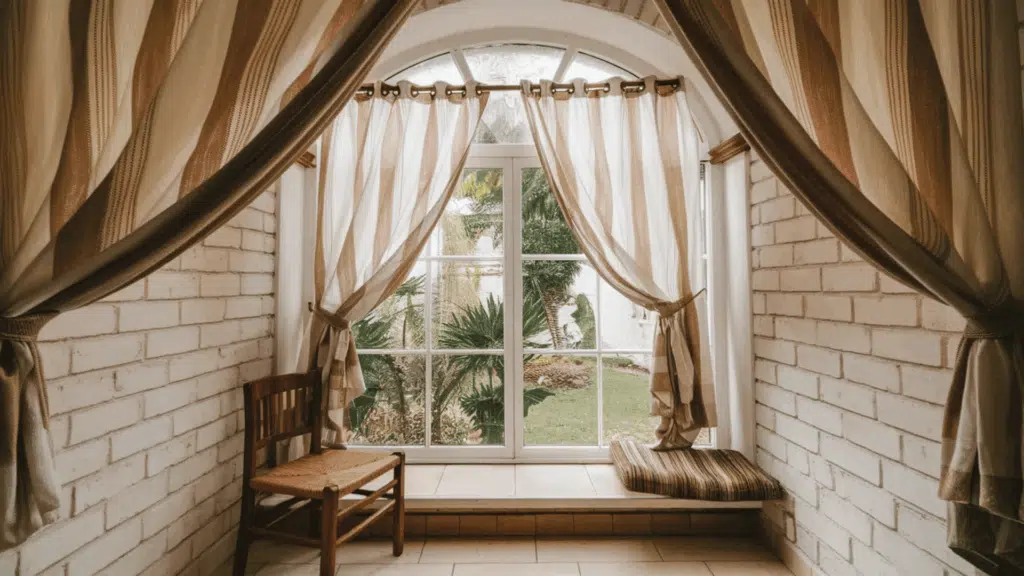 cozy cottage cafe curtains covering the lower half of a kitchen window, letting in sunlight while adding warm charm (1)