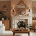 cozy english cottage style living room with floral sofa pastel walls wooden table fireplace plants warm lighting