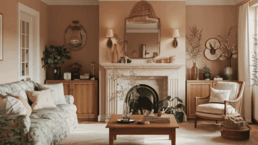 cozy english cottage style living room with floral sofa pastel walls wooden table fireplace plants warm lighting