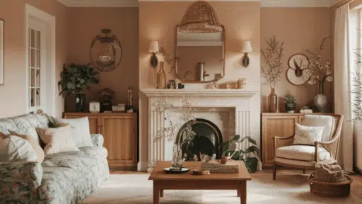 cozy english cottage style living room with floral sofa pastel walls wooden table fireplace plants warm lighting