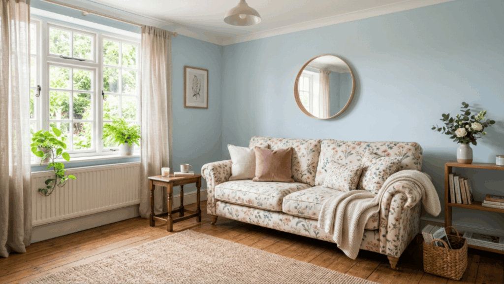 cozy english cottage style living room with floral sofa soft pastel walls layered cushions warm lighting and natural textures creating a soft inviting space