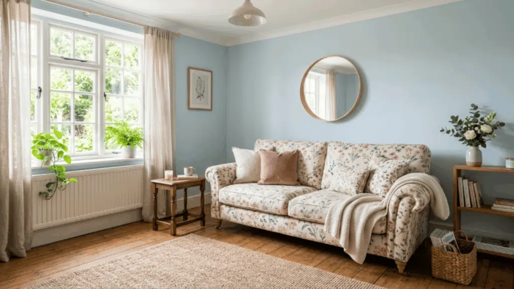 cozy english cottage style living room with floral sofa soft pastel walls layered cushions warm lighting and natural textures creating a soft inviting space