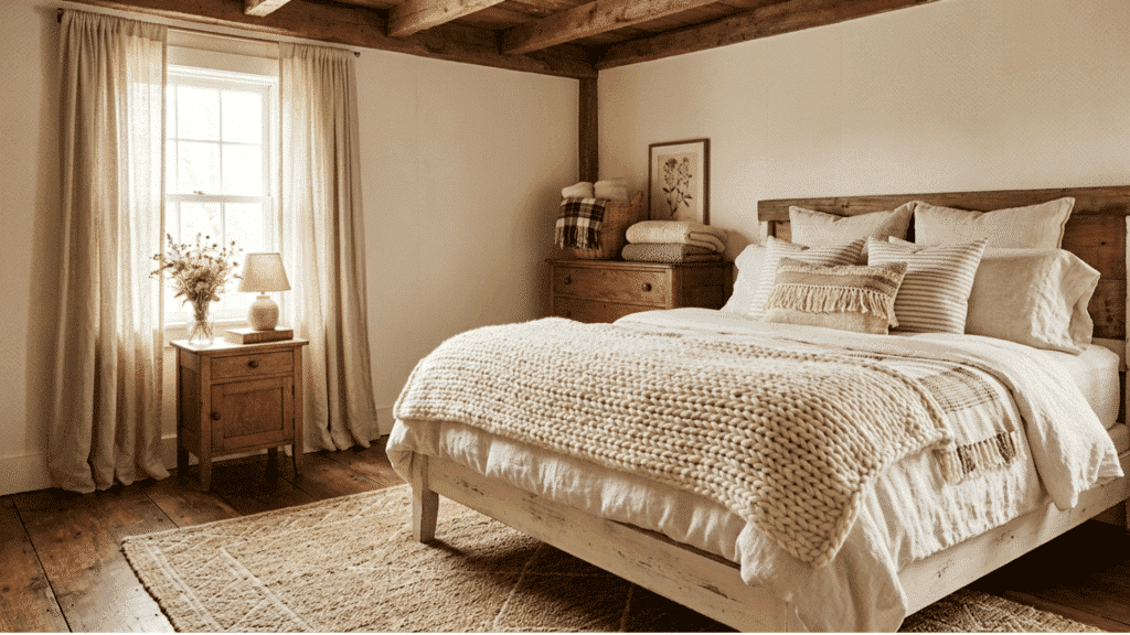 cozy farmhouse bedroom with chunky knit blanket, wood furniture, and warm rustic decor.