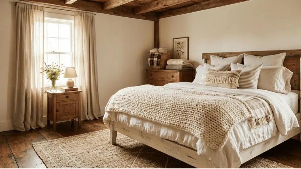 cozy farmhouse bedroom with chunky knit blanket, wood furniture, and warm rustic decor.