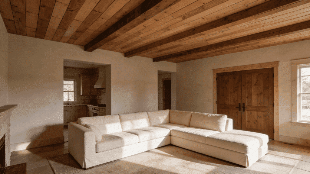 cozy farmhouse living room with l-shaped cream sofa under natural wood ceiling and light oak floors