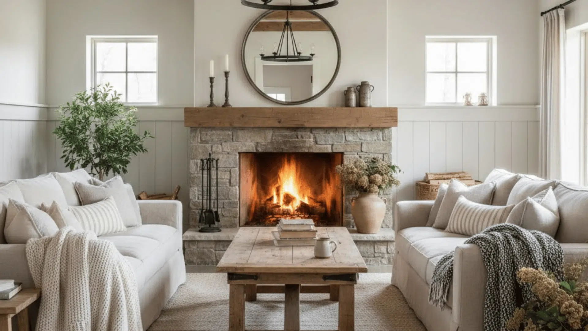 cozy farmhouse living room with rustic wooden accents and a warm fireplace.