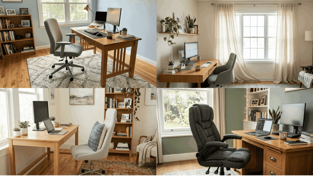 cozy home office setups with wooden desks, soft lighting, and comfortable chairs near windows.