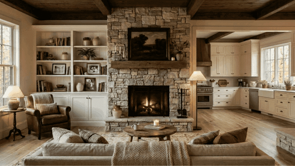 cozy keeping room with stone fireplace, leather armchair, and open shelves next to a warm kitchen with wooden accents