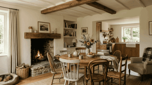 cozy keeping room with stone fireplace, round wooden dining table, and rustic kitchen with wood cabinets and beams