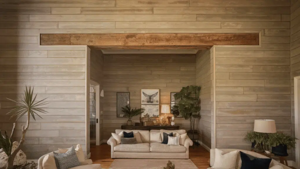 cozy living room with a beige sofa, wooden beams, and plants on the wall
