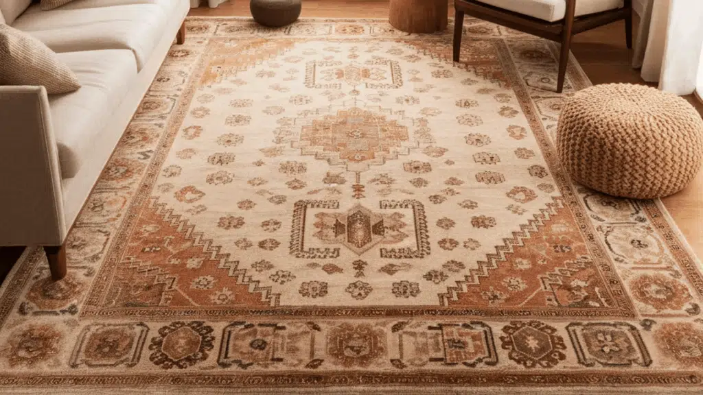 cozy living room with a patterned rug, armchair, sofa, and soft lighting