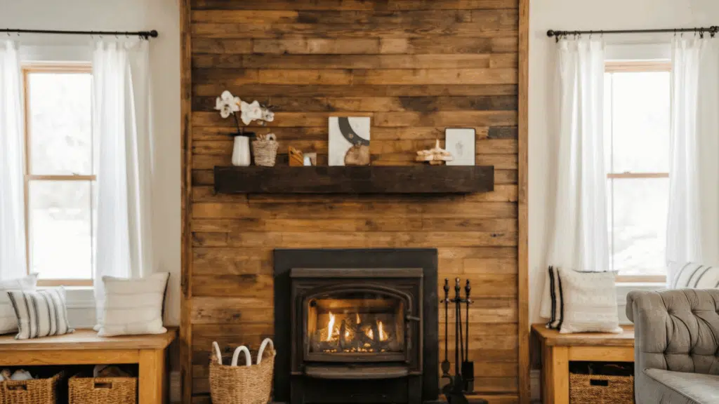 cozy living room with a wood-paneled fireplace, benches, and decorative pillows