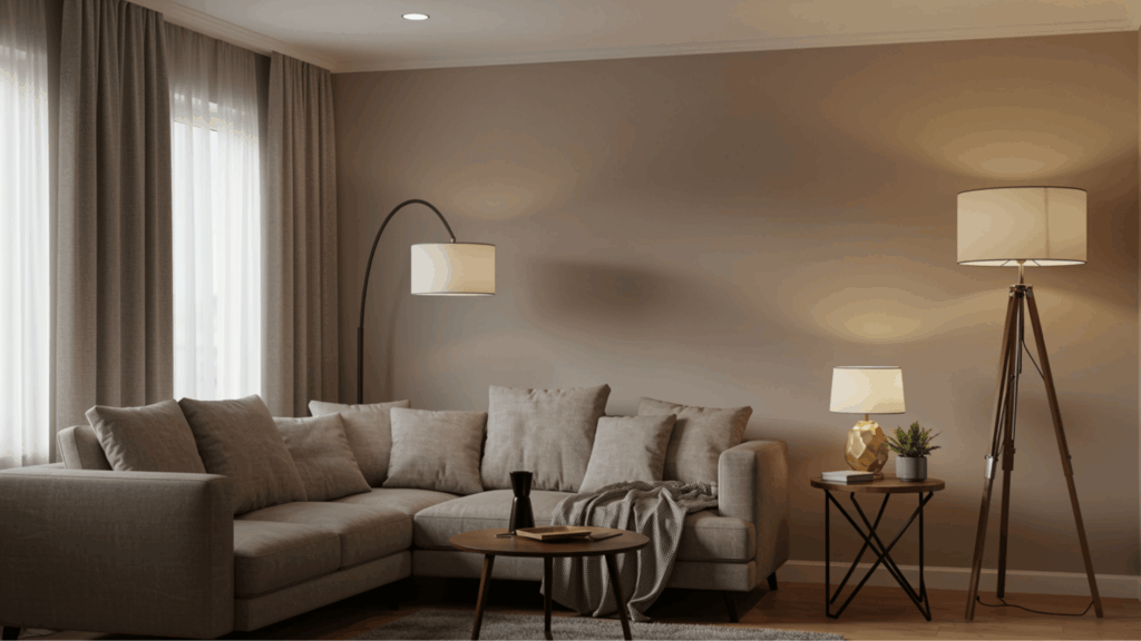 cozy living room with sectional sofa, soft pillows, floor lamps, side table, and warm neutral tones with natural light curtains