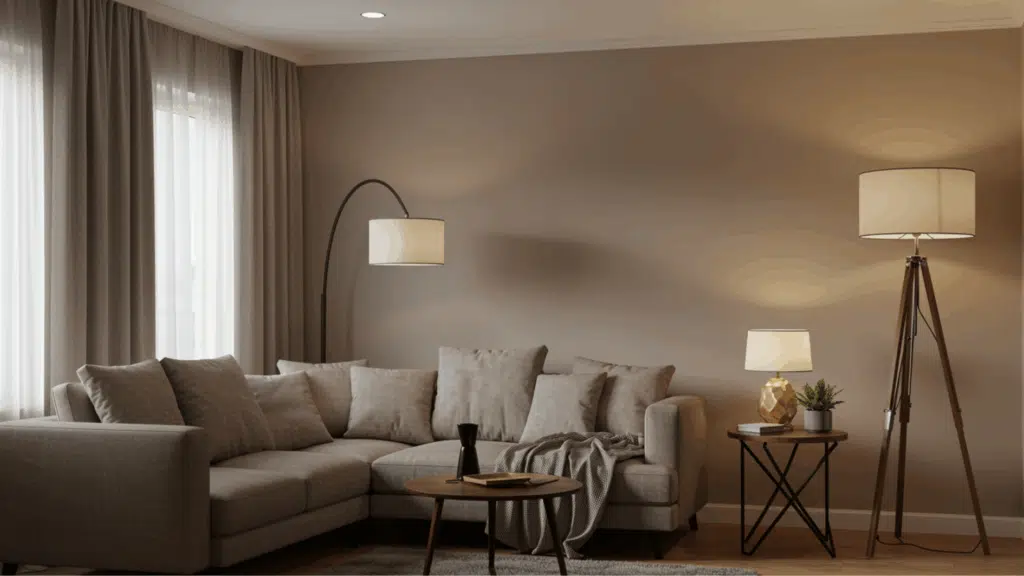 cozy living room with sectional sofa, soft pillows, floor lamps, side table, and warm neutral tones with natural light curtains