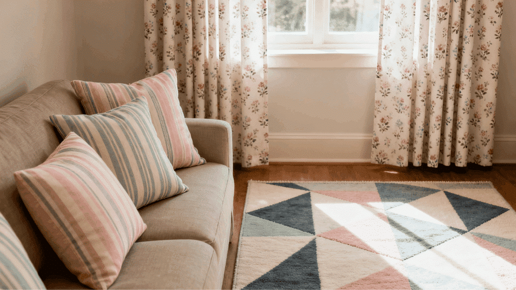 cozy living room with striped pillows, floral curtains, geometric rug, and soft sunlight through window on wooden floor