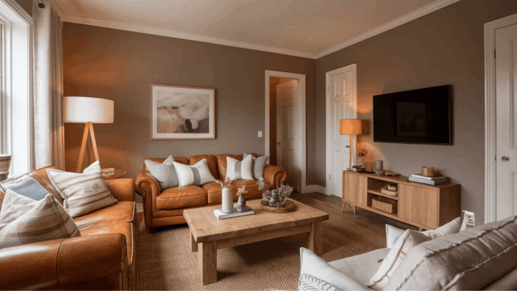 cozy living room with warm ambient lamps, neutral tones, and comfortable seating arrangement