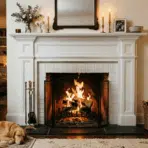cozy living room with white painted brick fireplace and burning fire.