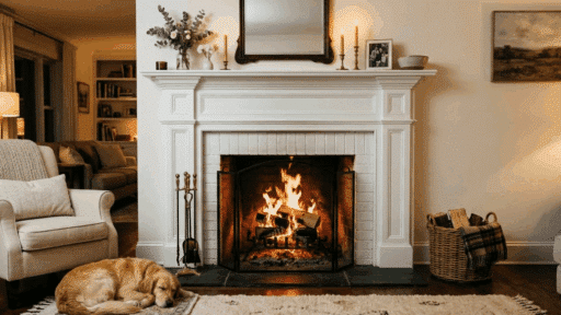 cozy living room with white painted brick fireplace and burning fire.