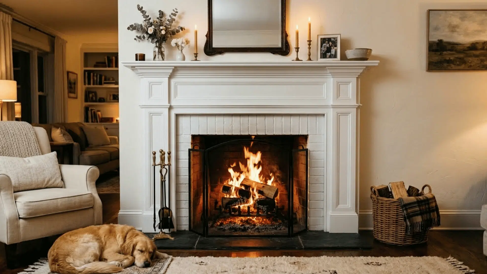 cozy living room with white painted brick fireplace and burning fire.