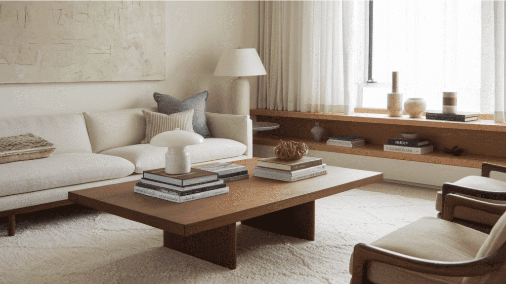 cozy living room with wooden coffee table, layered books, soft textiles, and warm neutral palette.