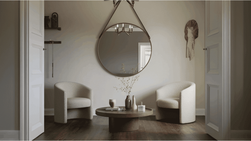 cozy seating area with two curved chairs, round wood table, and large mirror creating balanced harmony.