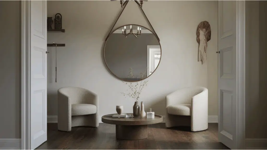 cozy seating area with two curved chairs, round wood table, and large mirror creating balanced harmony.