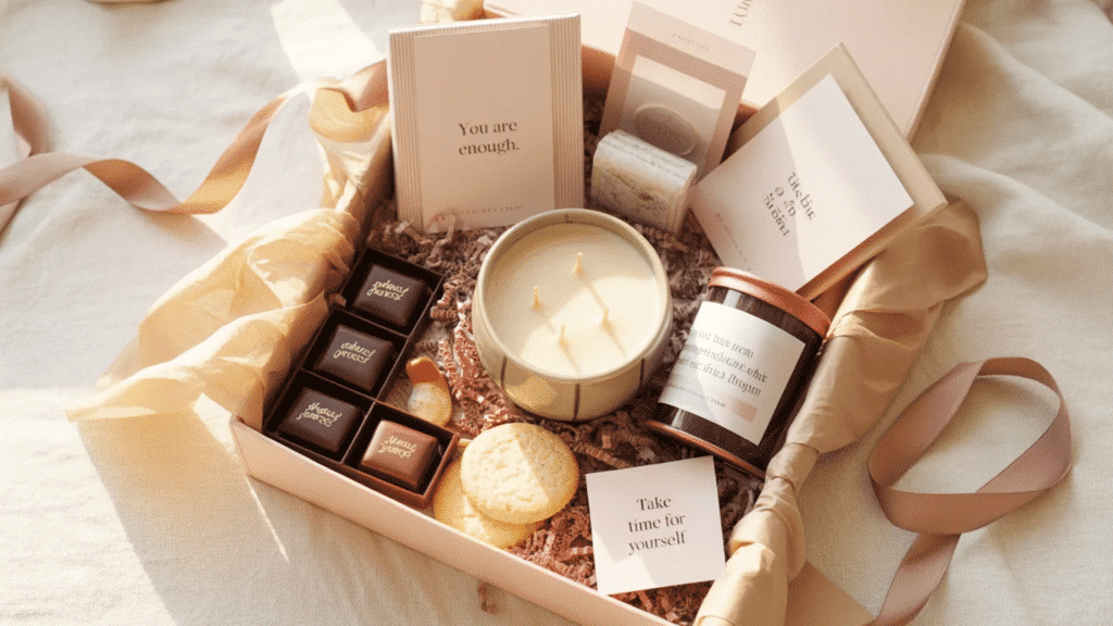 cozy self-care gift box with a scented candle at the center, surrounded by chocolates, cookies, affirmation cards, and small treats, arranged in soft filler and wrapped in neutral tones with warm