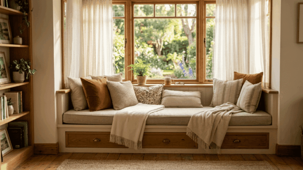 cozy window seat with cushions storage soft sunlight and peaceful corner creating a calm and inviting place for relaxation (2)