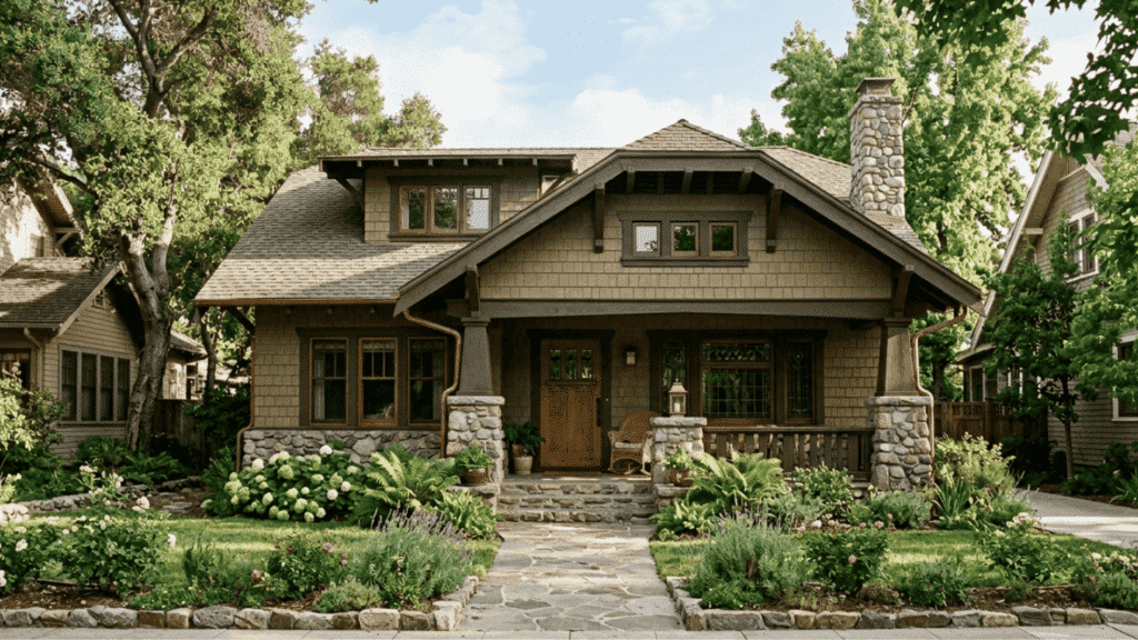 craftsman style house with stone porch wooden details and landscaped garden in quiet suburban neighborhood