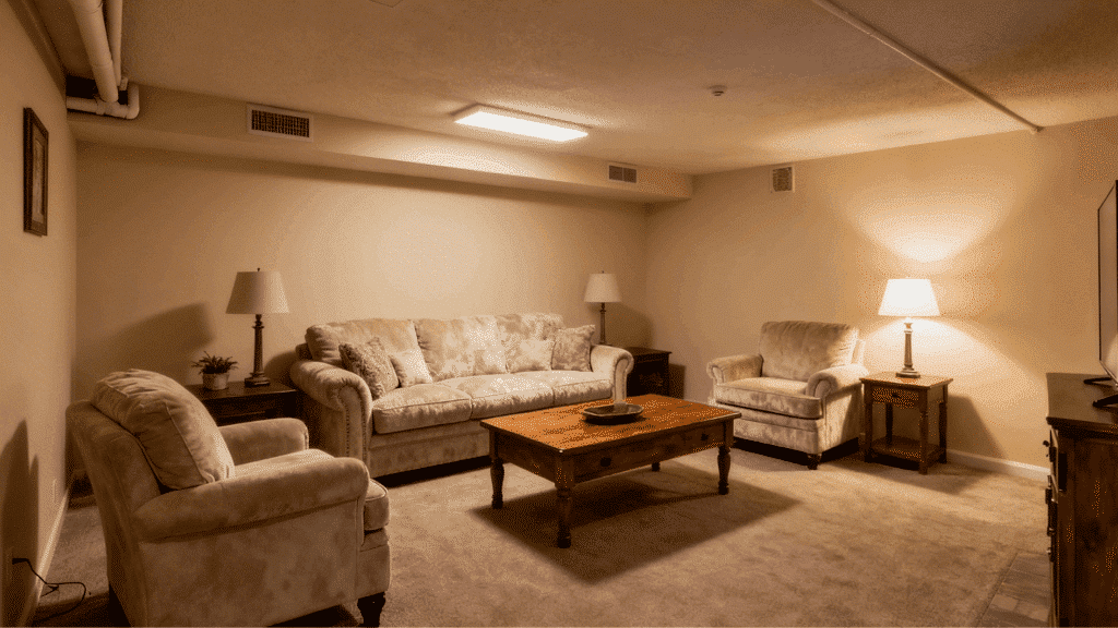cream basement walls with matching trim, cozy seating setup, classic furniture, and warm lighting for a comfortable feel