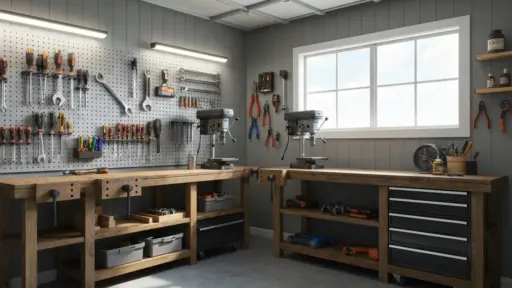 Well-organized woodworking shop with wooden workbenches, tools on pegboards, and drill presses near window