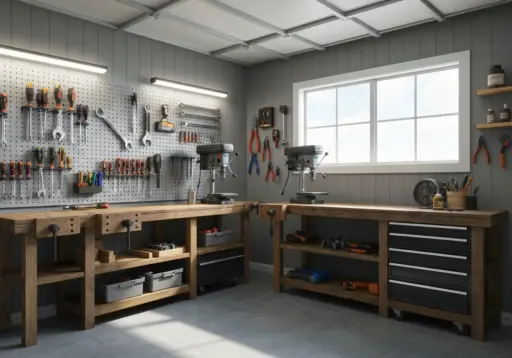 Well-organized woodworking shop with wooden workbenches, tools on pegboards, and drill presses near window