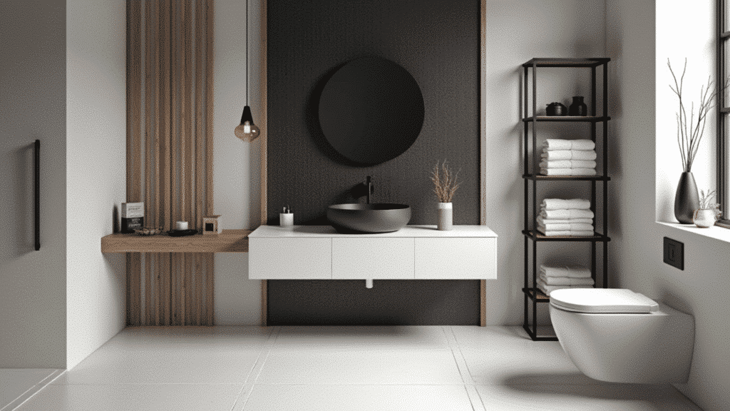 creative bathroom with matte black stone vessel sink on white oak floating shelf and black tile feature wall behind
