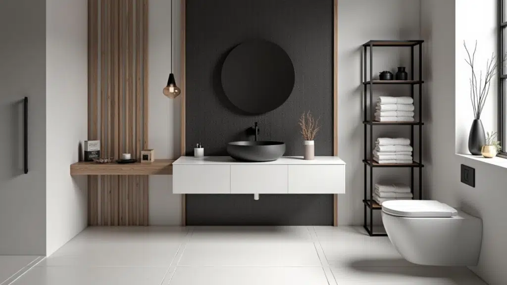 creative bathroom with matte black stone vessel sink on white oak floating shelf and black tile feature wall behind