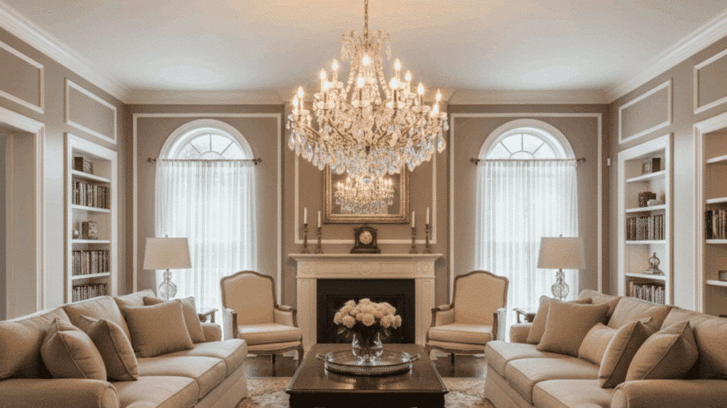 crystal chandelier centered in classic living room