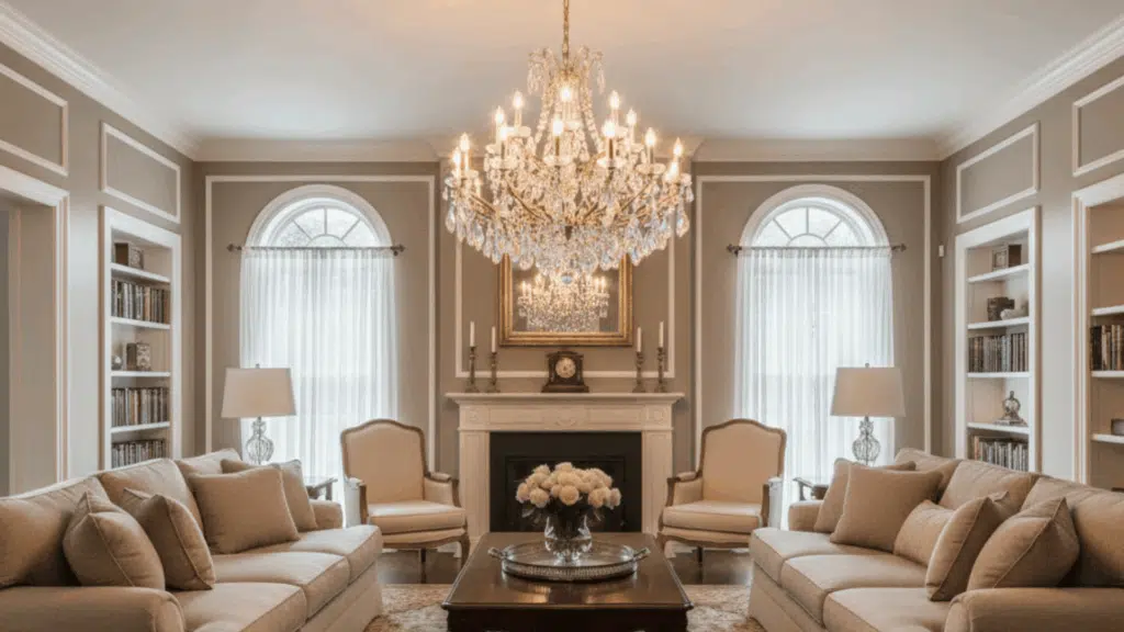 crystal chandelier centered in classic living room