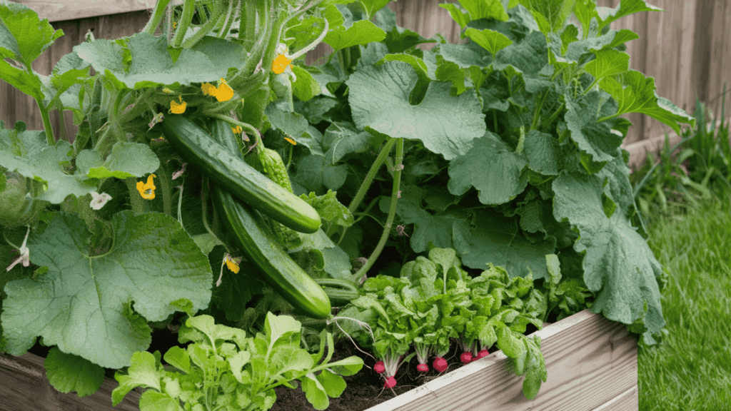 cucumber vines and radish plants growing together in a raised garden bed showing how radishes help protect cucumber crops