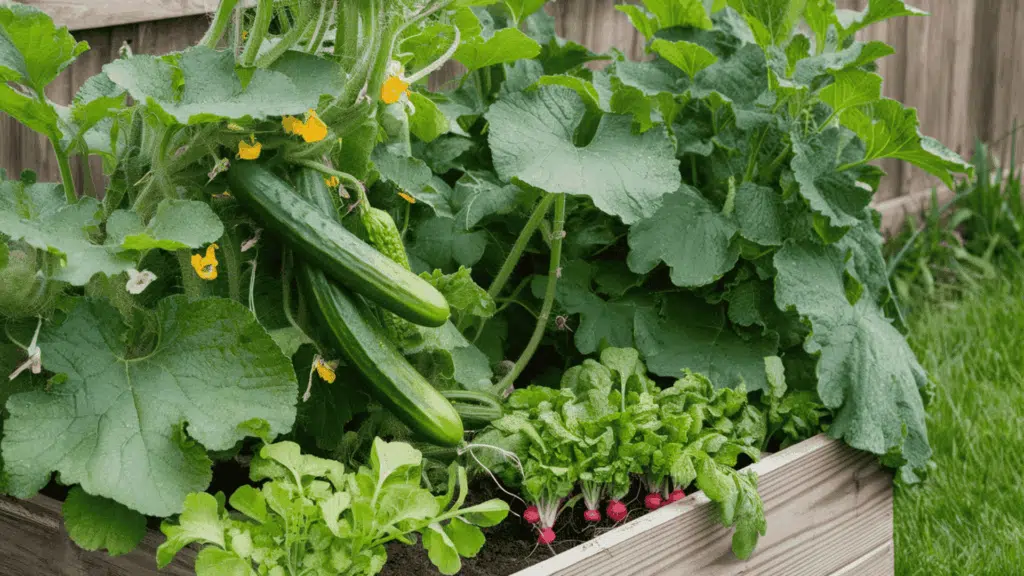 cucumber vines and radish plants growing together in a raised garden bed showing how radishes help protect cucumber crops