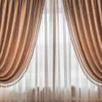 curtains with gathered fabric hanging on a window in a cozy living roomroom.