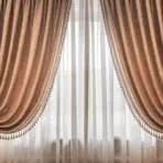 curtains with gathered fabric hanging on a window in a cozy living roomroom.