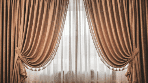 curtains with gathered fabric hanging on a window in a cozy living roomroom.