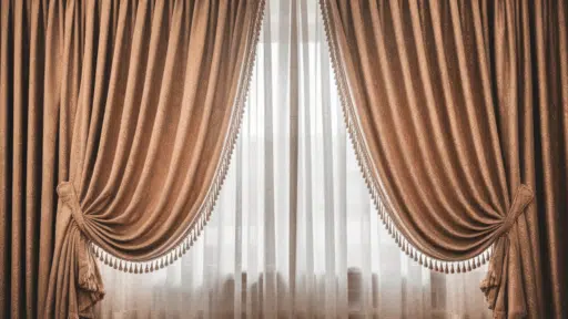 curtains with gathered fabric hanging on a window in a cozy living roomroom.