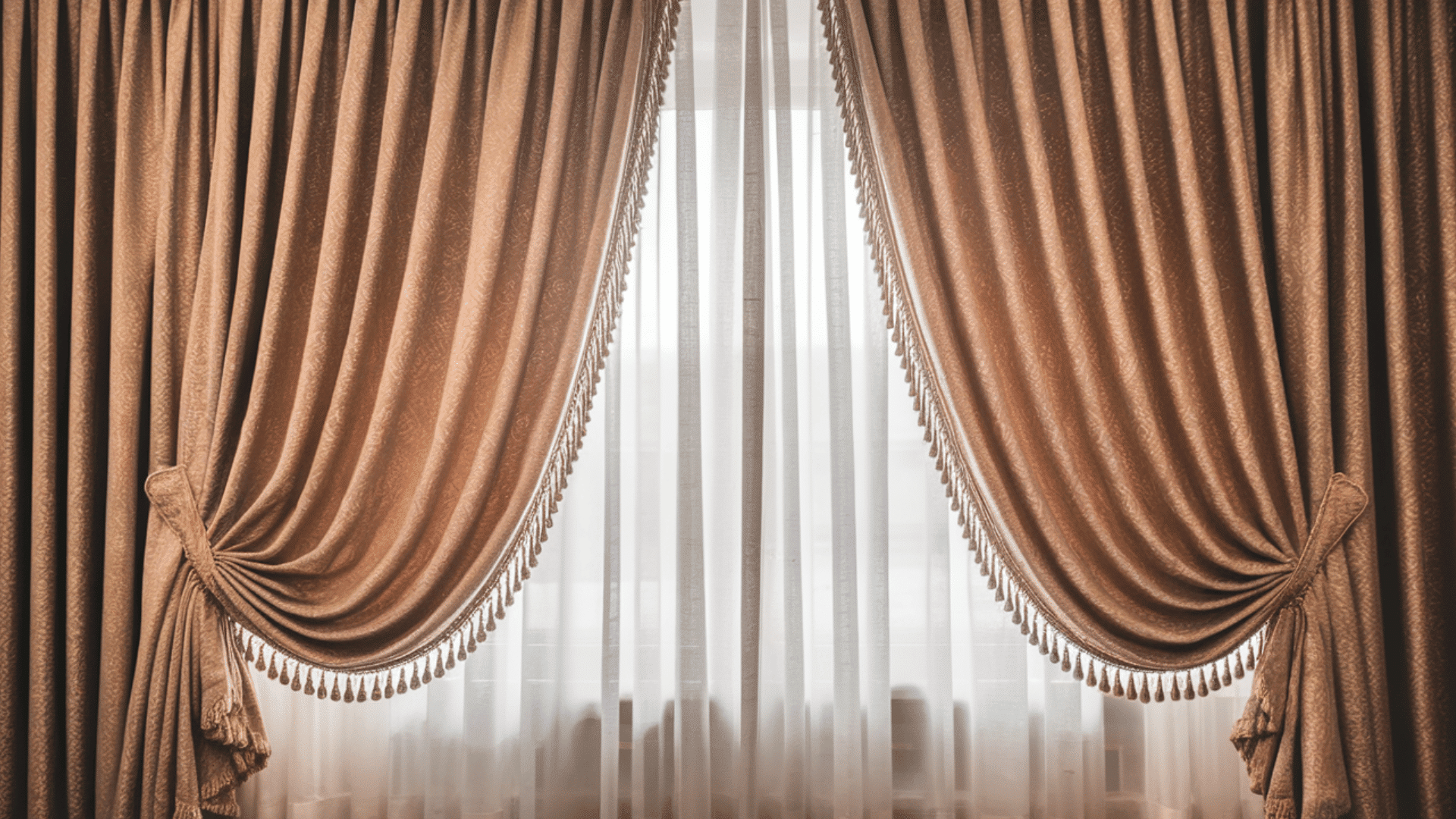 curtains with gathered fabric hanging on a window in a cozy living roomroom.