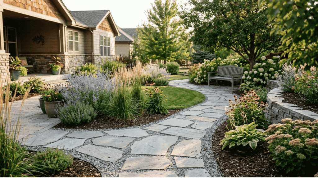 curved stone pathway with colorful flowers and landscaped front yard design with seating area.