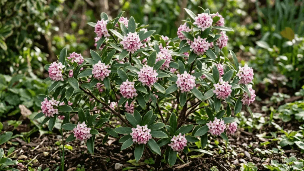 daphne flower close up with small pink clusters and green leaves in natural light plant fully visible not cut from above with clear texture
