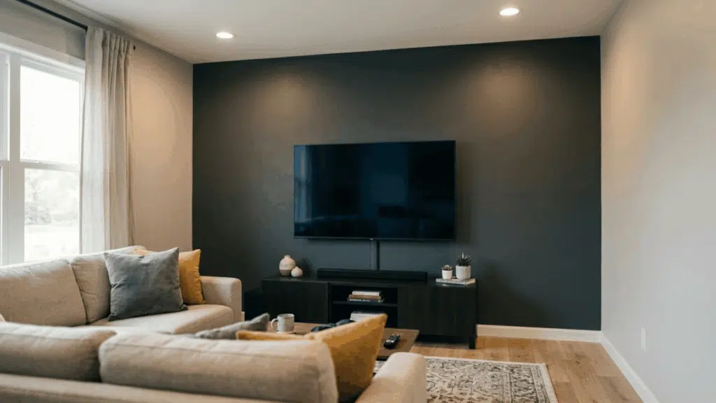 dark accent wall behind TV with minimal decor and cozy neutral living room.