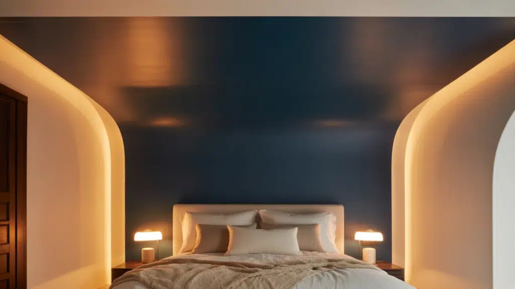dark blue room with lighter walls, and a bed and minimalist