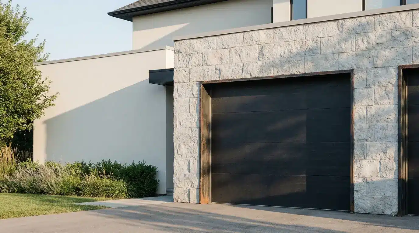 Modern house facade with stone accent wall and black garage door in sunlight